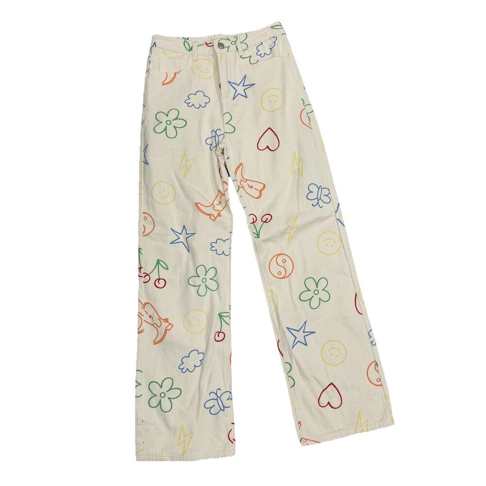 Princess Polly Emerson Pants Peace Love Ecru Doodle Size 6